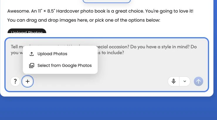 The Add Photos menu with Upload Photos and Select from Google Photos options