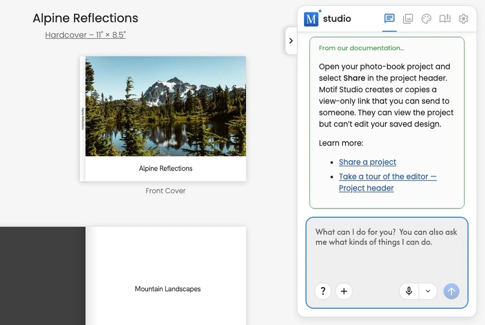 A highlighted Help answer in Chat with links to related Motif Studio guides