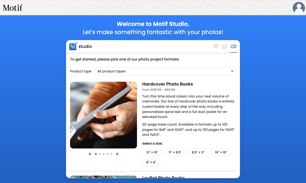The Product type filter above the photo-book choices in Motif Studio