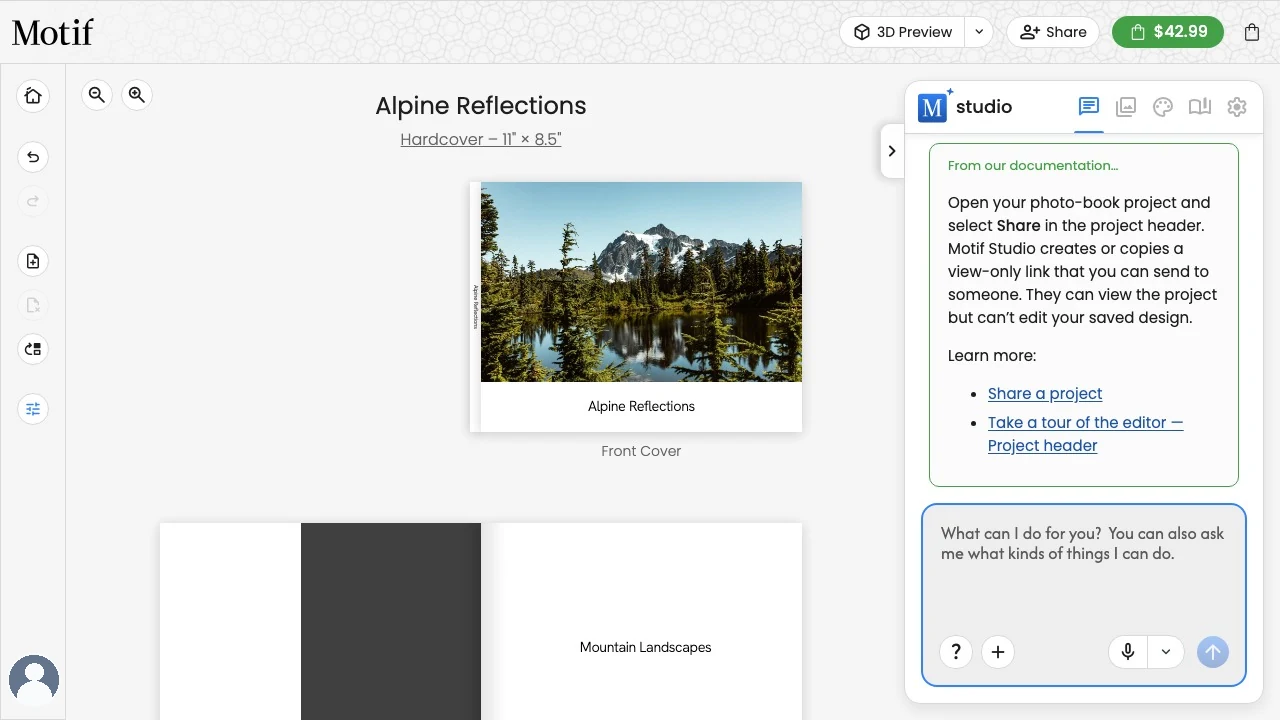 A photo book open in the Motif Studio editor with page controls on the left and Chat on the right