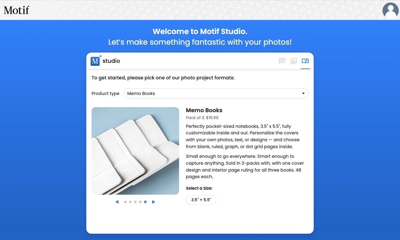 The product picker showing memo books and the available blank, ruled, graph, and dot-grid interiors