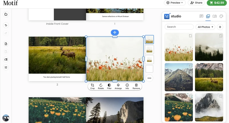 The photo toolbar showing Crop, Rotate, Filter, and Info