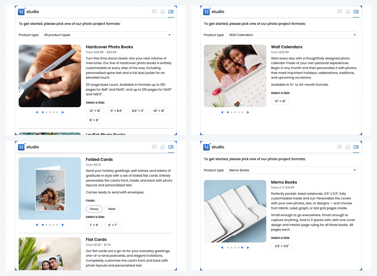 A collage of Motif Studio product choices for photo books, wall calendars, memo books, cards, and compatible book formats