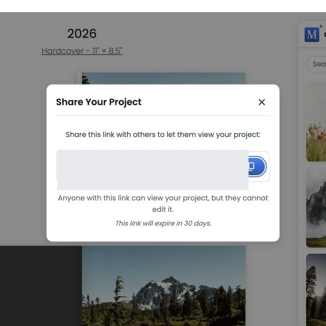The Share Your Project window with its private preview link obscured