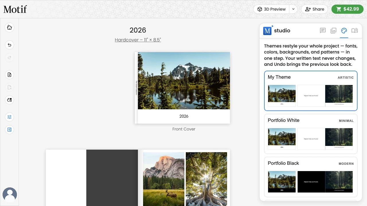 The Themes tab showing coordinated designs previewed on the current project