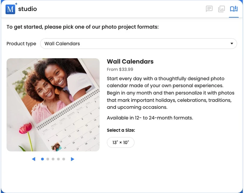 The product picker showing a customizable wall calendar and its available size