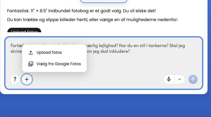 Menuen Tilføj fotos med indstillingerne Upload fotos og Vælg fra Google Fotos
