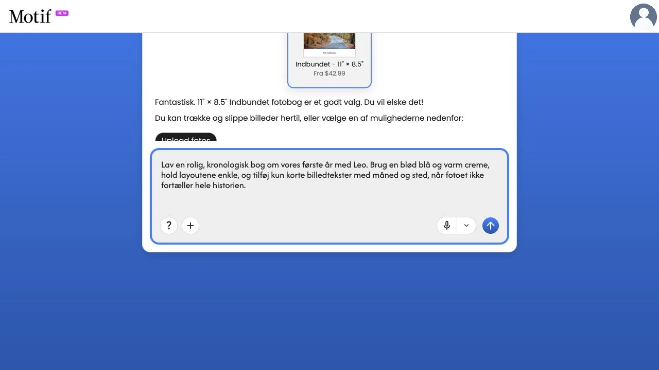 En besked på oprettelsessiden, der beskriver en rolig, kronologisk fotobog om det første år med få, nøje udvalgte billedtekster