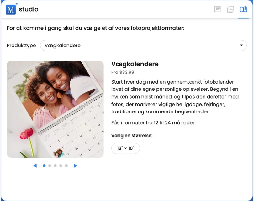 Produktvælgeren viser en vægkalender, der kan tilpasses, og den tilgængelige størrelse