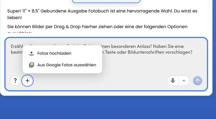 Das Menü „Fotos hinzufügen“ mit den Optionen „Fotos hochladen“ und „Aus Google Fotos auswählen“