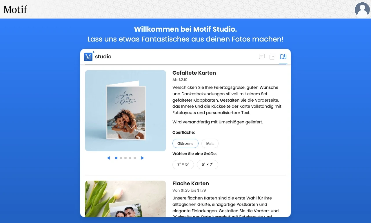 Die Produktauswahl zeigt flache und gefaltete Karten mit ihren Größen und Oberflächen