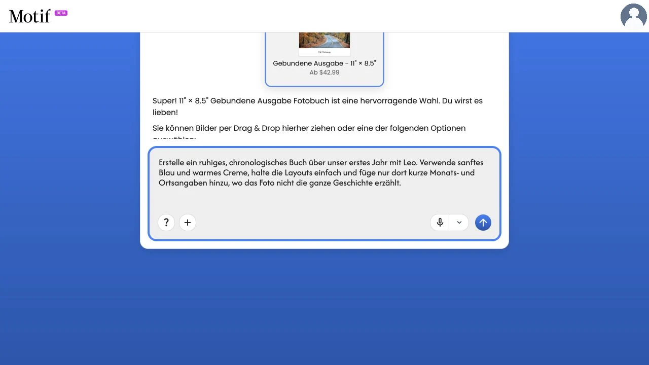Eine Nachricht auf der Erstellungsseite beschreibt ein ruhig gestaltetes, chronologisches Fotobuch über das erste Jahr mit gezielt eingesetzten Bildunterschriften