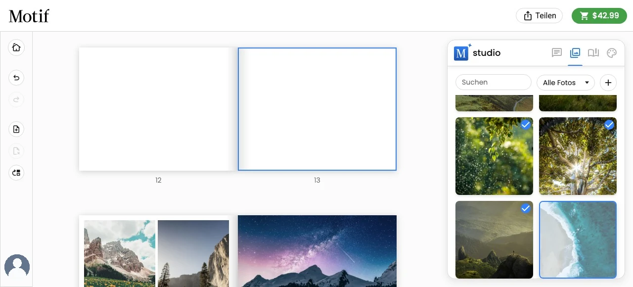 Ein Foto wird aus der Registerkarte „Fotos“ über eine Projektseite gezogen, die zum Ablegen hervorgehoben wird