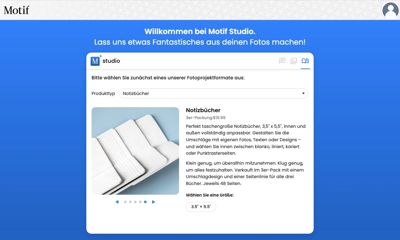 Die Produktauswahl zeigt Notizbücher und die verfügbaren Innenseiten: blanko, liniert, kariert und punktkariert