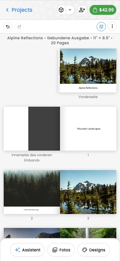 Der Motif-Studio-Fotobuch-Editor auf einem Smartphone mit Projektsteuerung über den Seiten und angedockter Editorfläche darunter