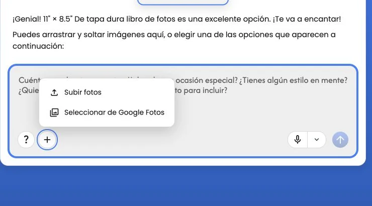 El menú Añadir fotos con las opciones Subir fotos y Seleccionar de Google Fotos