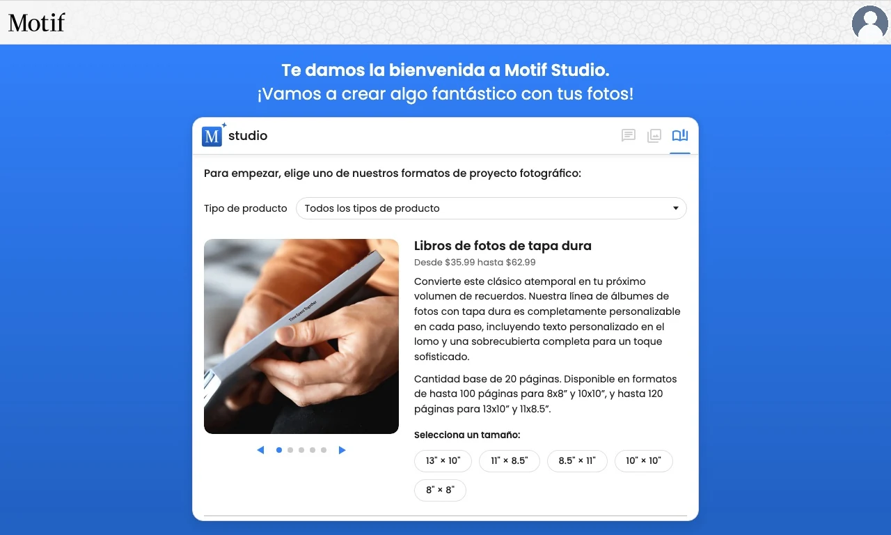 El filtro Tipo de producto sobre las opciones de libros de fotos en Motif Studio