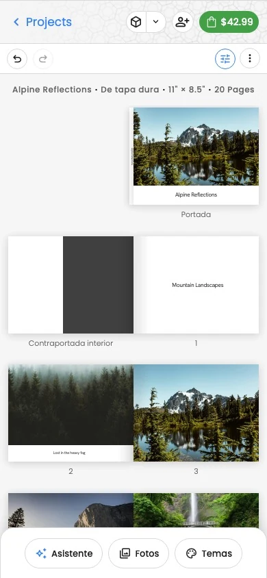 El editor de libros de fotos de Motif Studio en un teléfono, con los controles del proyecto sobre las páginas y la hoja del editor acoplada debajo