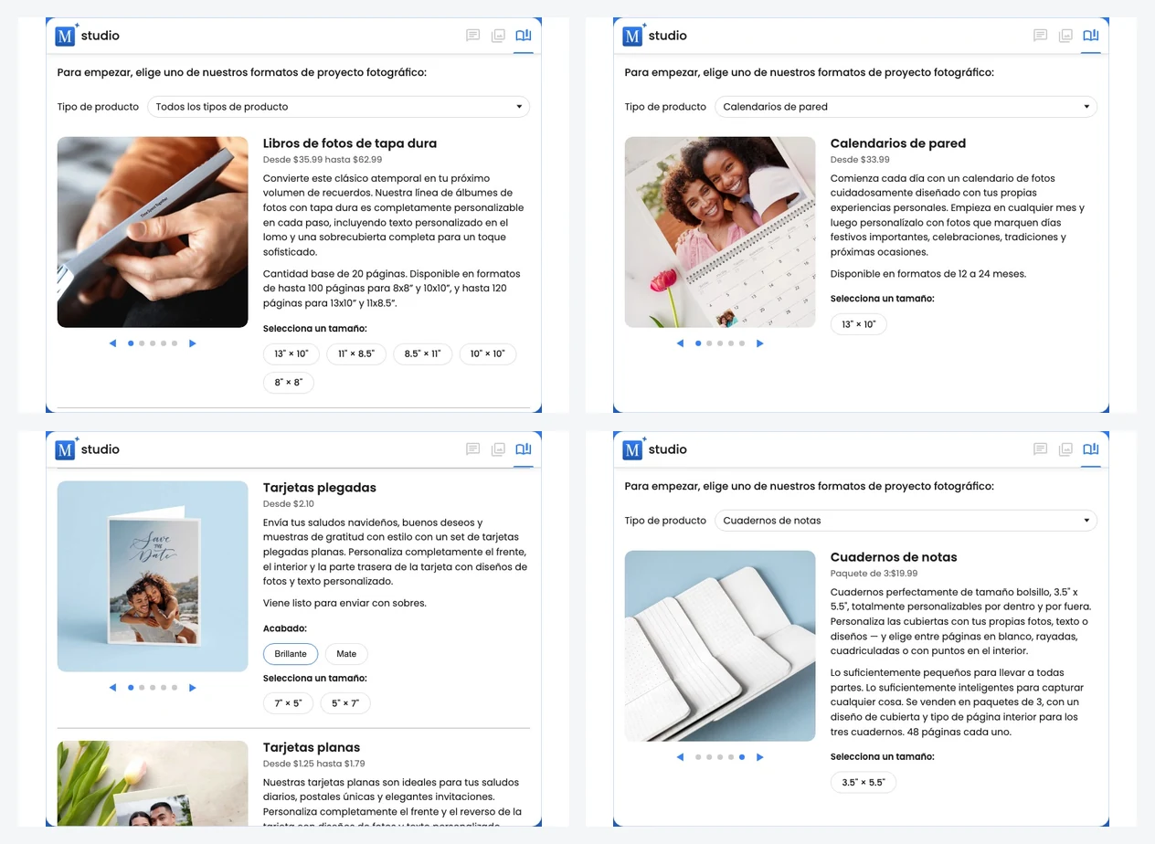 Un collage de opciones de Motif Studio para libros de fotos, calendarios de pared, cuadernos de notas, tarjetas y formatos de libro compatibles