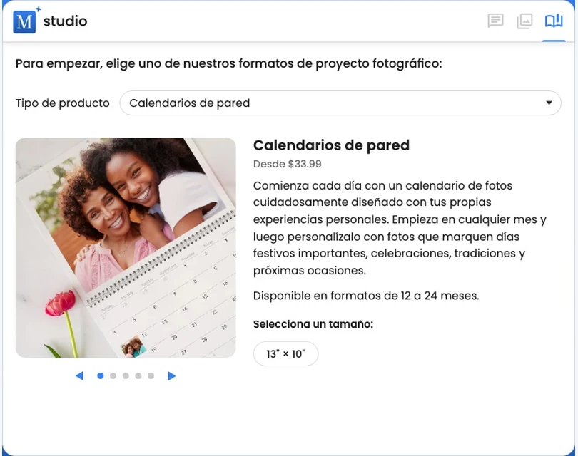 El selector de productos muestra un calendario de pared personalizable y el tamaño disponible