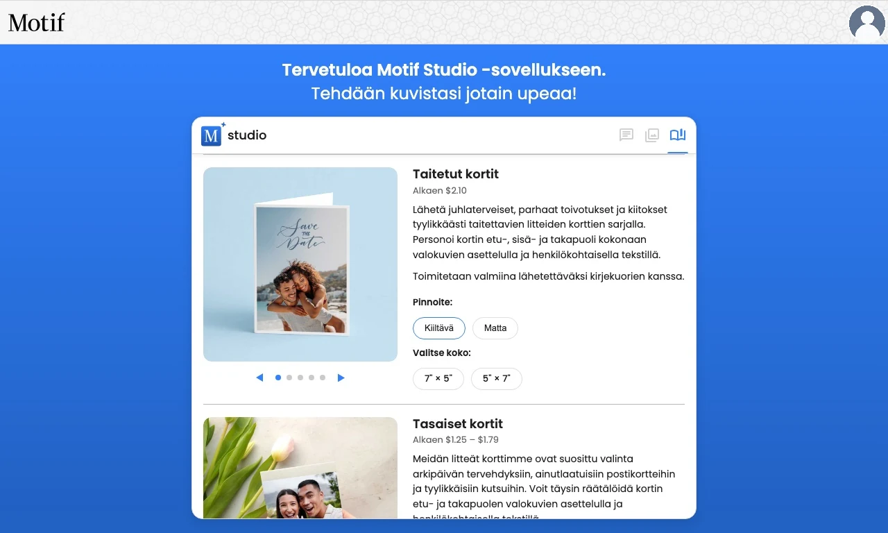 Tuotevalitsin näyttää tasaiset ja taitetut kortit sekä niiden koot ja viimeistelyt