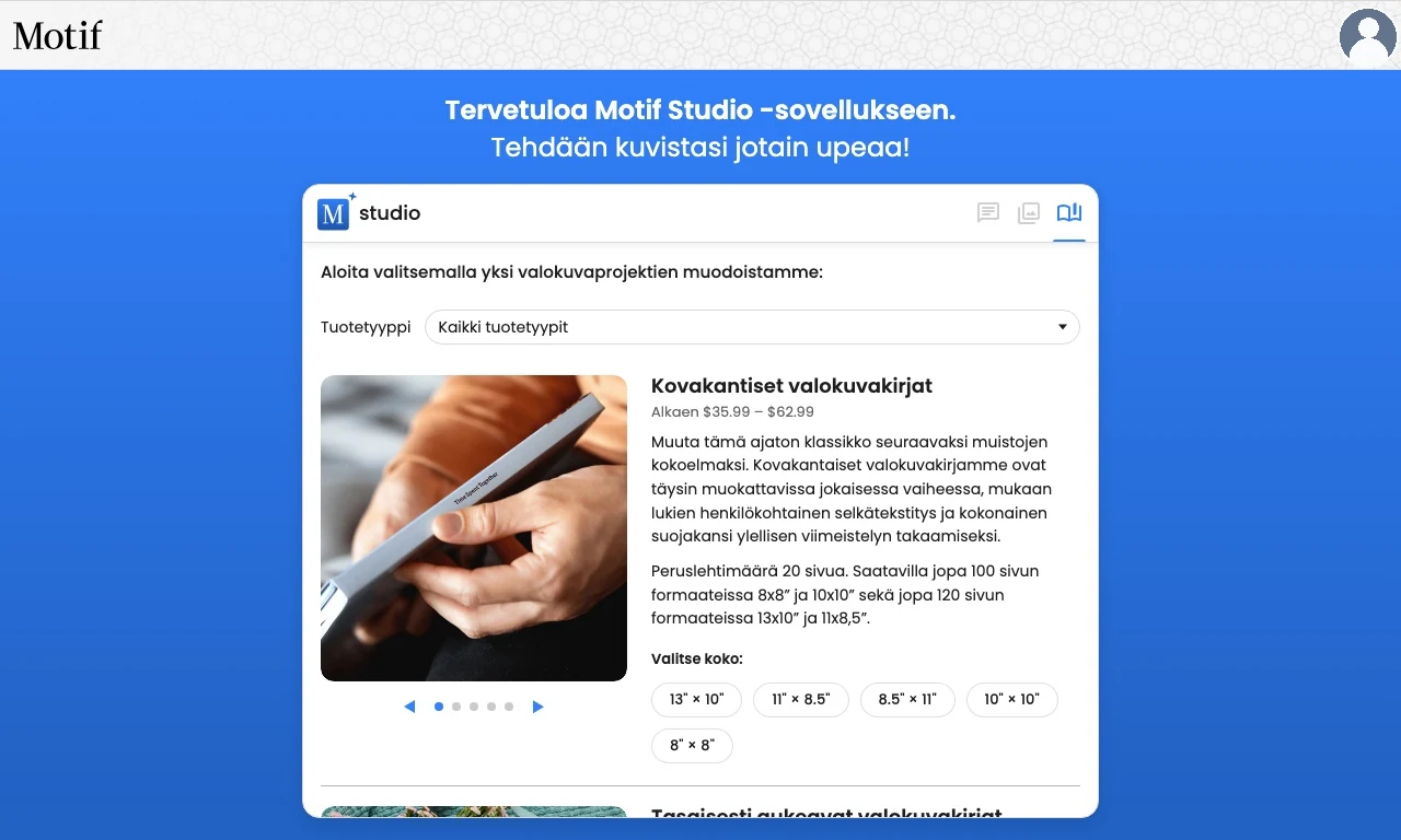 Tuotetyyppi-suodatin valokuvakirjavaihtoehtojen yläpuolella Motif Studiossa