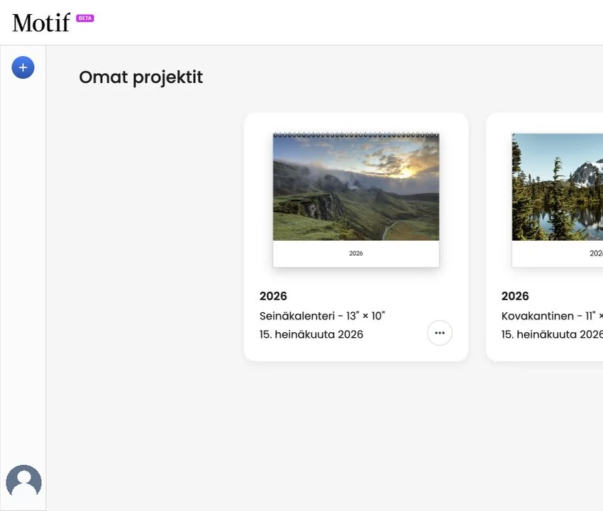 Omat projektit -sivu, jossa valokuvaprojekti on valmis avattavaksi ja näkyvissä on painike uuden projektin luomiseen