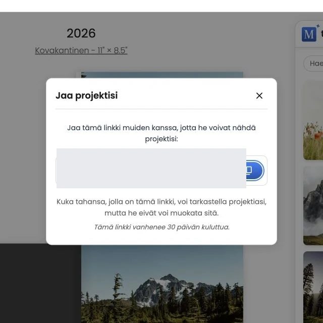 Jaa projektisi -ikkuna, jossa yksityinen esikatselulinkki on peitetty