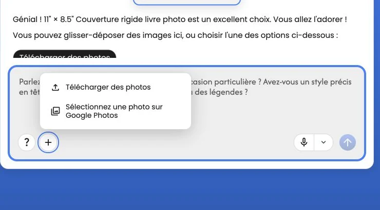 Le menu Ajouter des photos avec les options Importer des photos et Sélectionner dans Google Photos