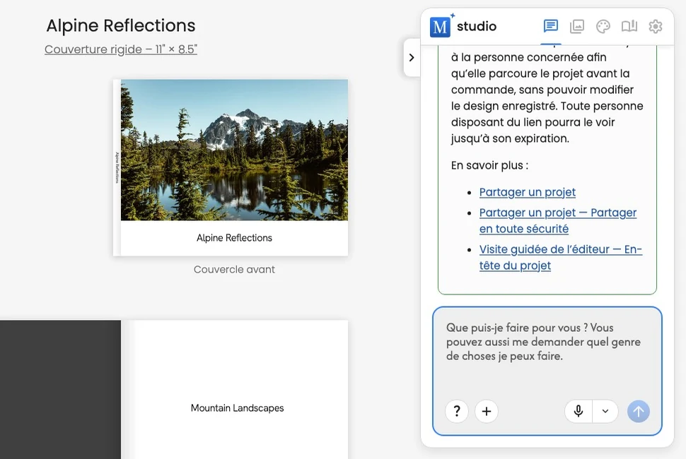 Une réponse d’aide mise en évidence dans le Chat avec des liens vers des guides Motif Studio associés