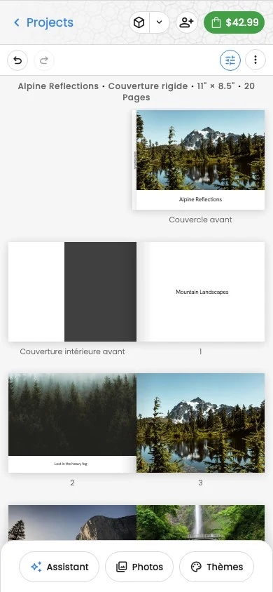 L’éditeur de livre photo Motif Studio sur un téléphone, avec les commandes du projet au-dessus des pages et le volet de l’éditeur ancré en dessous