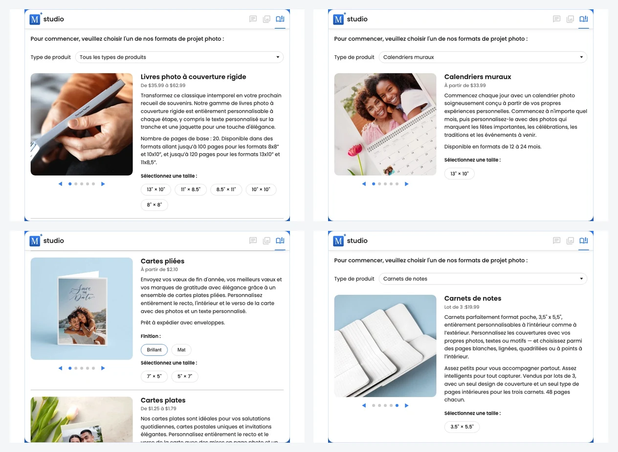 Un collage des choix Motif Studio pour les livres photo, calendriers muraux, carnets, cartes et formats de livres compatibles
