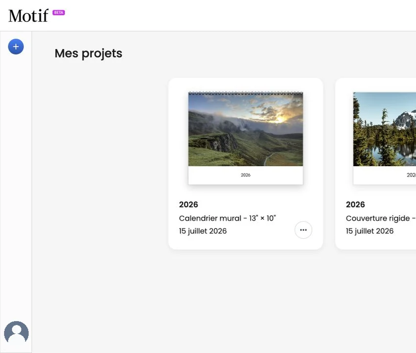 La page Mes projets avec un projet photo prêt à être ouvert et un bouton pour en créer un nouveau