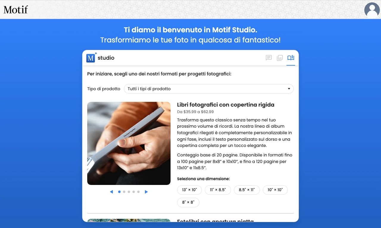 Il filtro Tipo di prodotto sopra le opzioni dei fotolibri in Motif Studio