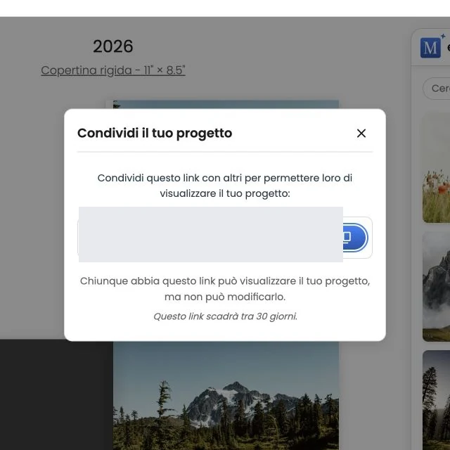 La finestra Condividi il progetto con il link privato oscurato