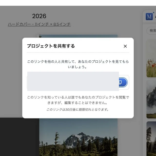 非公開のプレビューリンクを伏せて表示したプロジェクト共有ウィンドウ