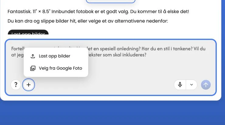 Menyen Legg til bilder med alternativene Last opp bilder og Velg fra Google Foto