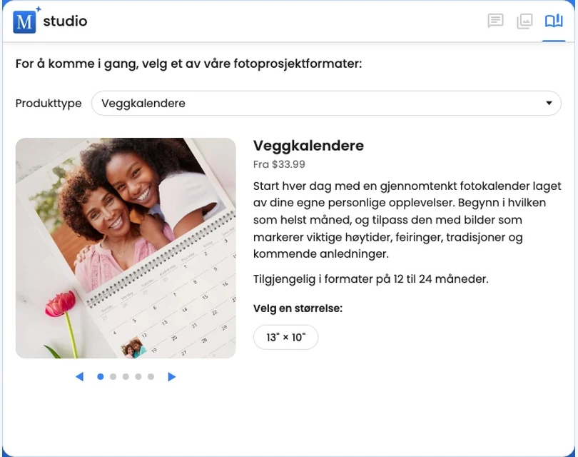 Produktvelgeren som viser en tilpassbar veggkalender og tilgjengelig størrelse