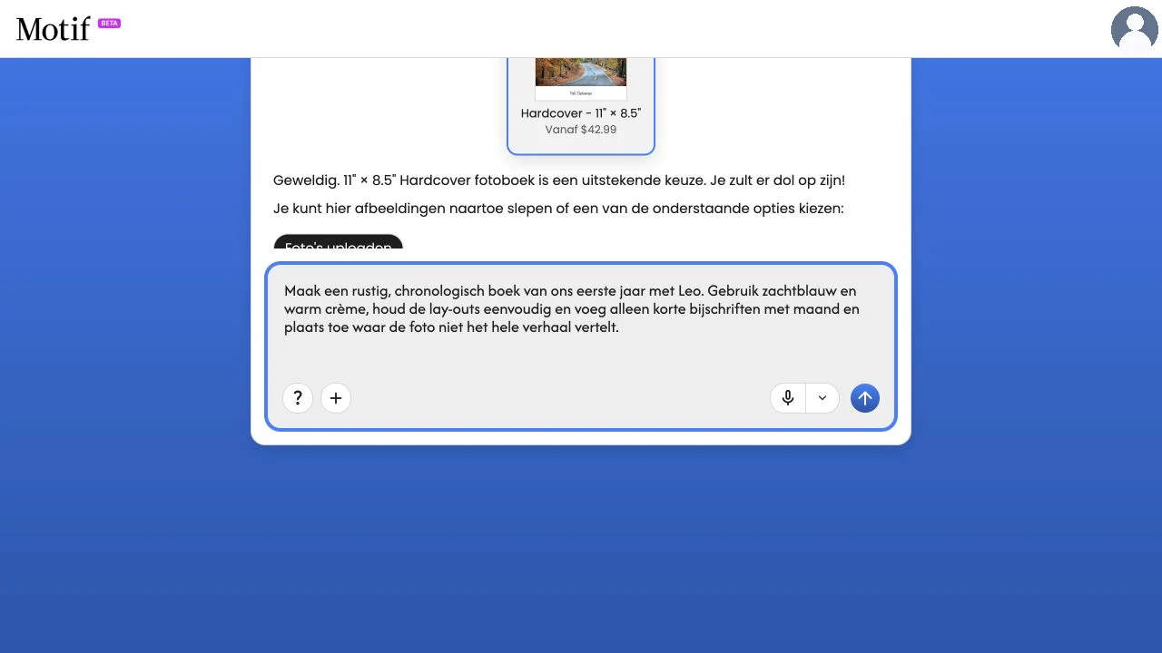 Een bericht op de aanmaakpagina met een beschrijving van een rustig, chronologisch fotoboek over het eerste jaar, met zorgvuldig gekozen bijschriften