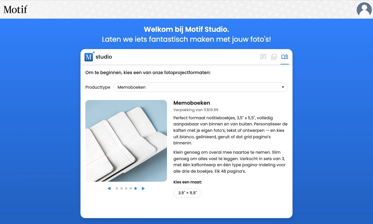 De productkiezer toont memoboeken met beschikbare blanco, gelinieerde, geruite en gestippelde binnenpagina’s