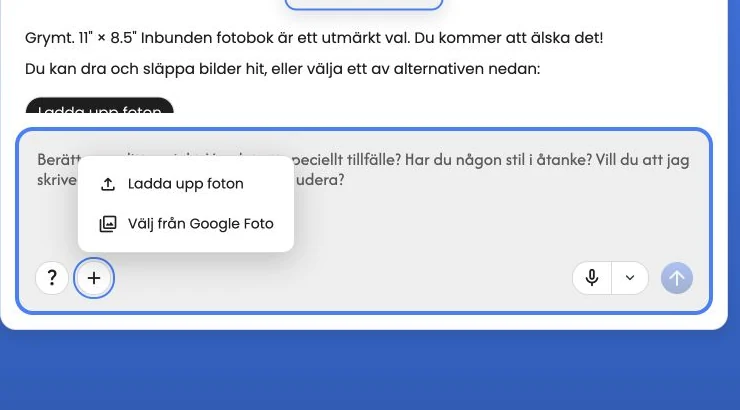 Menyn Lägg till foton med alternativen Ladda upp foton och Välj från Google Foto