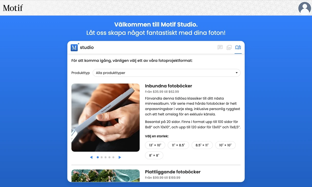 Filtret Produkttyp ovanför fotoboksalternativen i Motif Studio