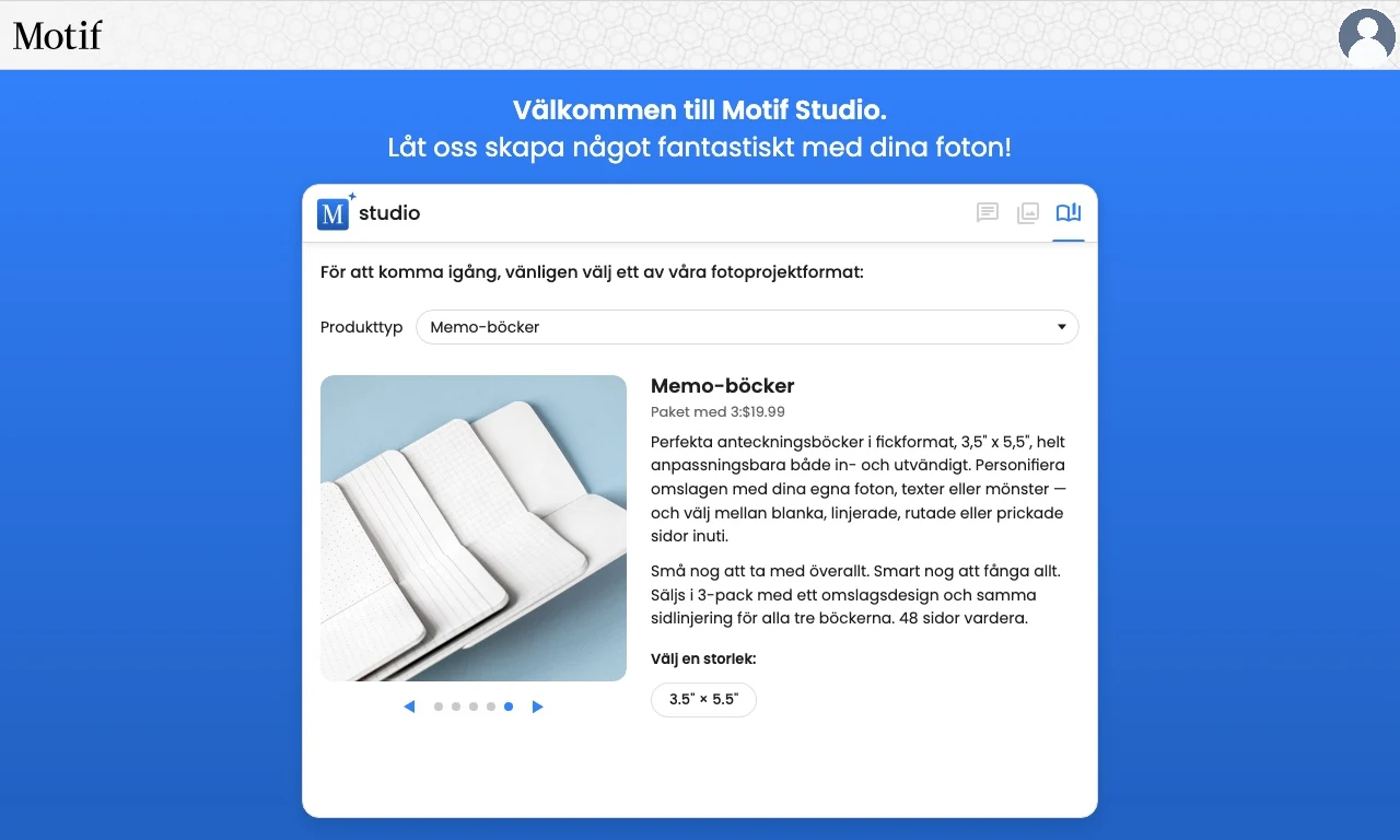 Produktväljaren visar memoböcker och de tillgängliga tomma, linjerade, rutade och punktmönstrade inlagorna
