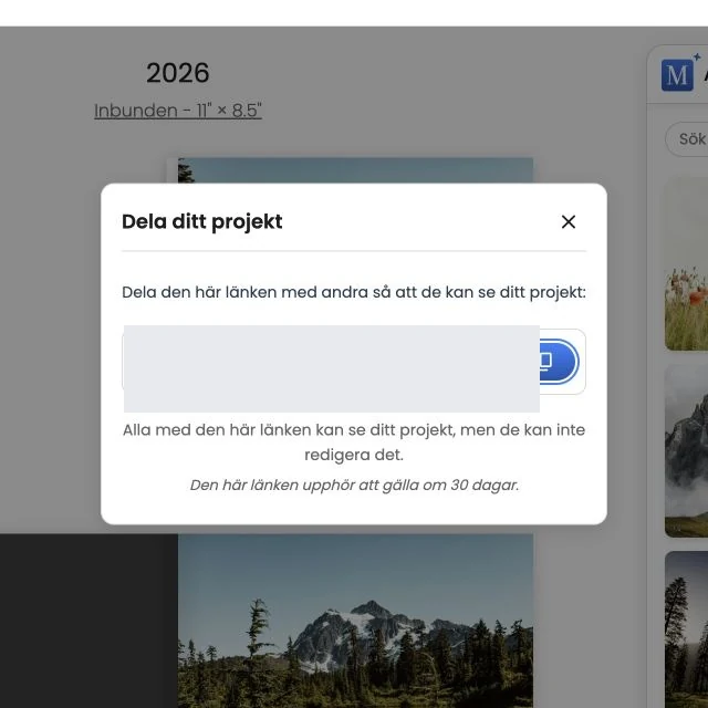 Fönstret Dela ditt projekt med den privata förhandsvisningslänken dold