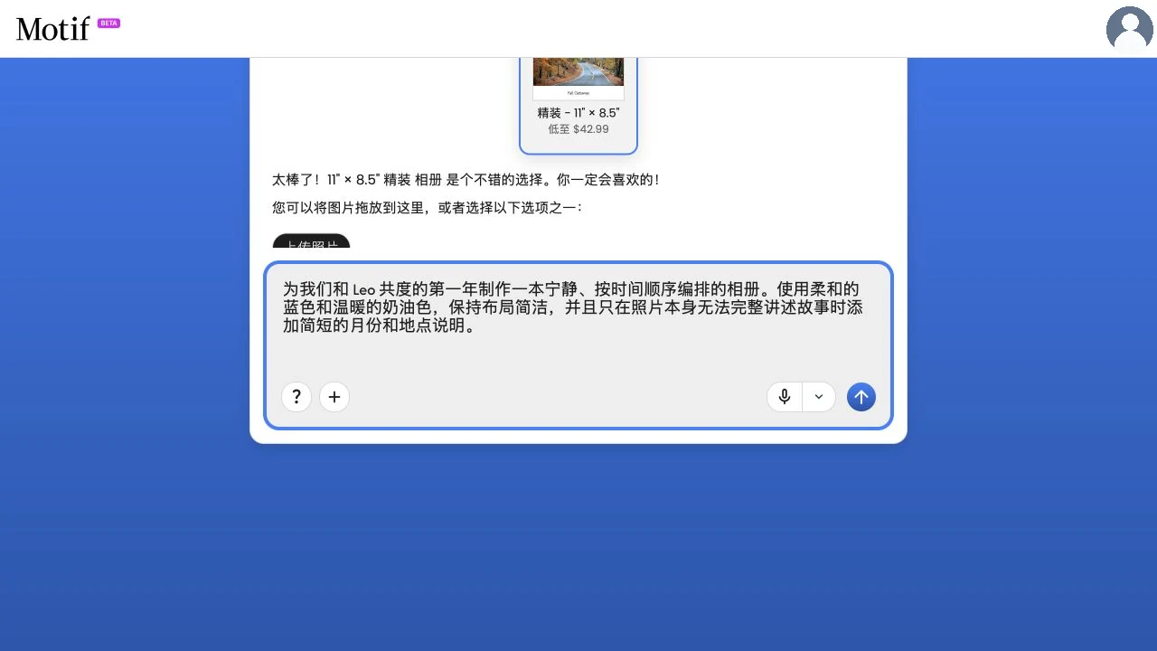 创建页面上的一条消息,描述一本按时间顺序记录第一年、风格宁静并配有精选说明文字的相册