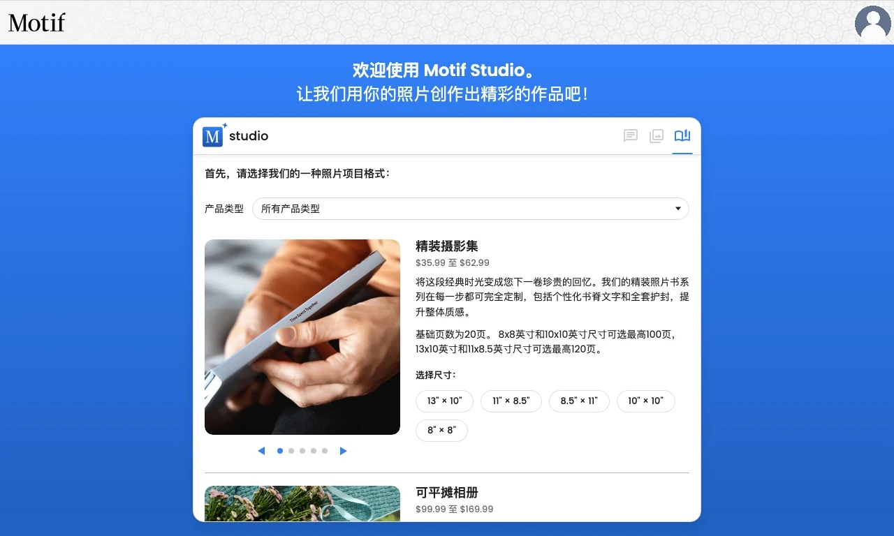 Motif Studio 相册选项上方的“产品类型”筛选器