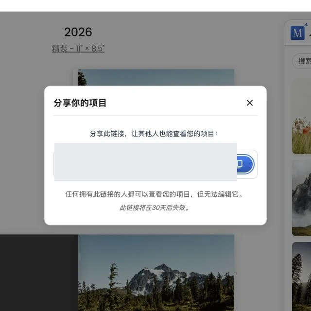 显示私密预览链接且链接内容已遮挡的项目分享窗口