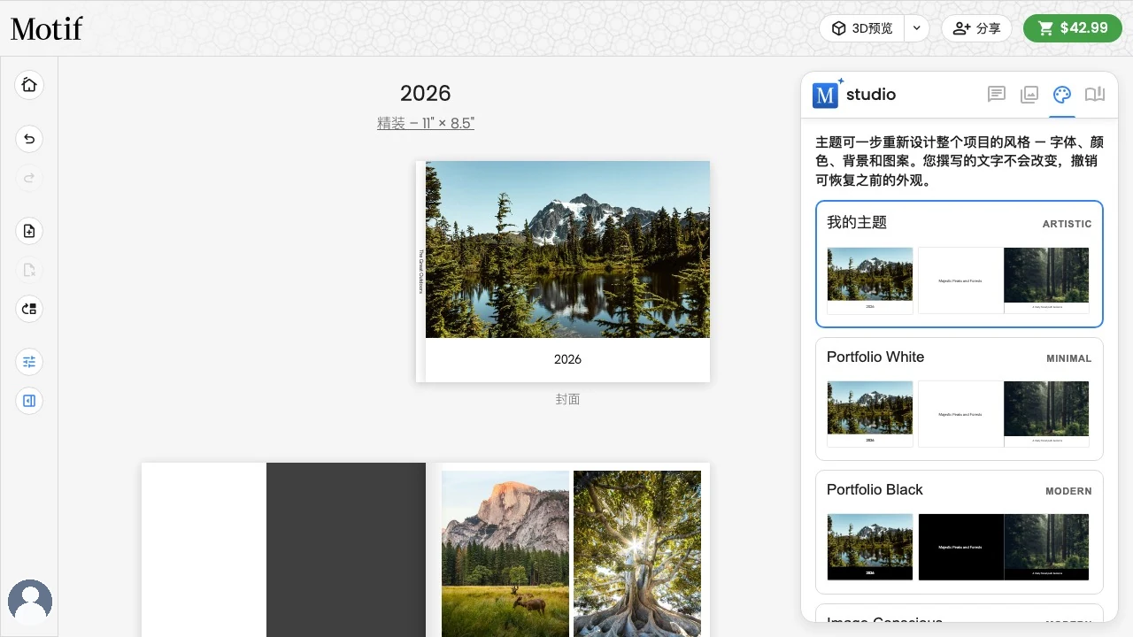 “主题”选项卡,其中显示使用当前项目内容预览的协调设计